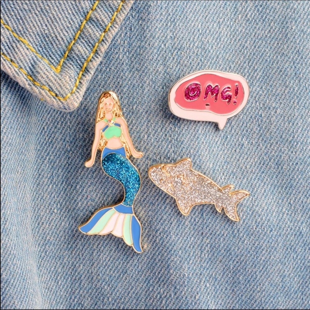 3 Piece Enamel Mermaid Shark Pin Set Brooches